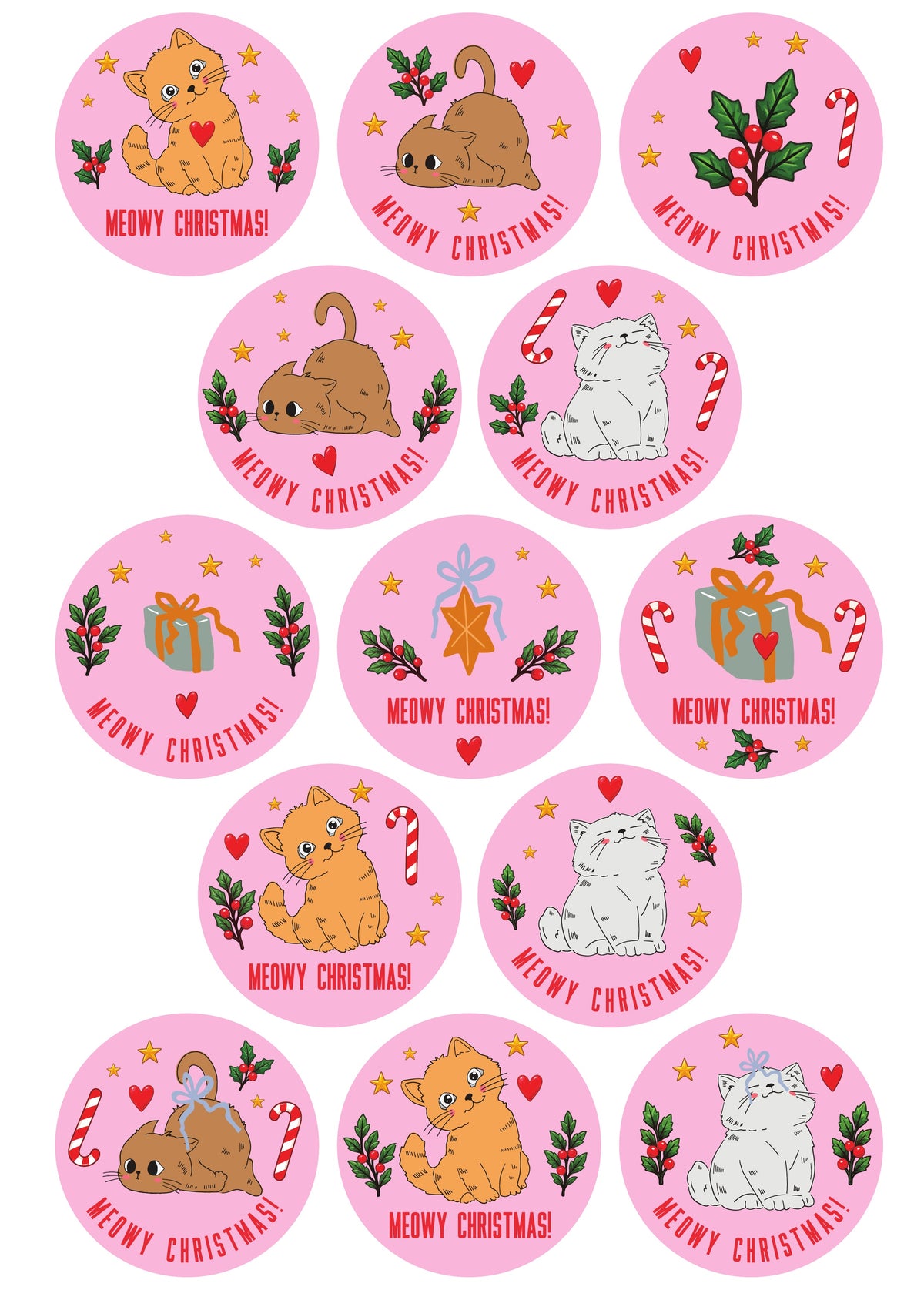 Pink Cute Cats Christmas Stickers | 60mm