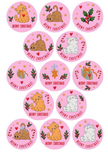 Pink Cute Cats Christmas Stickers | 60mm