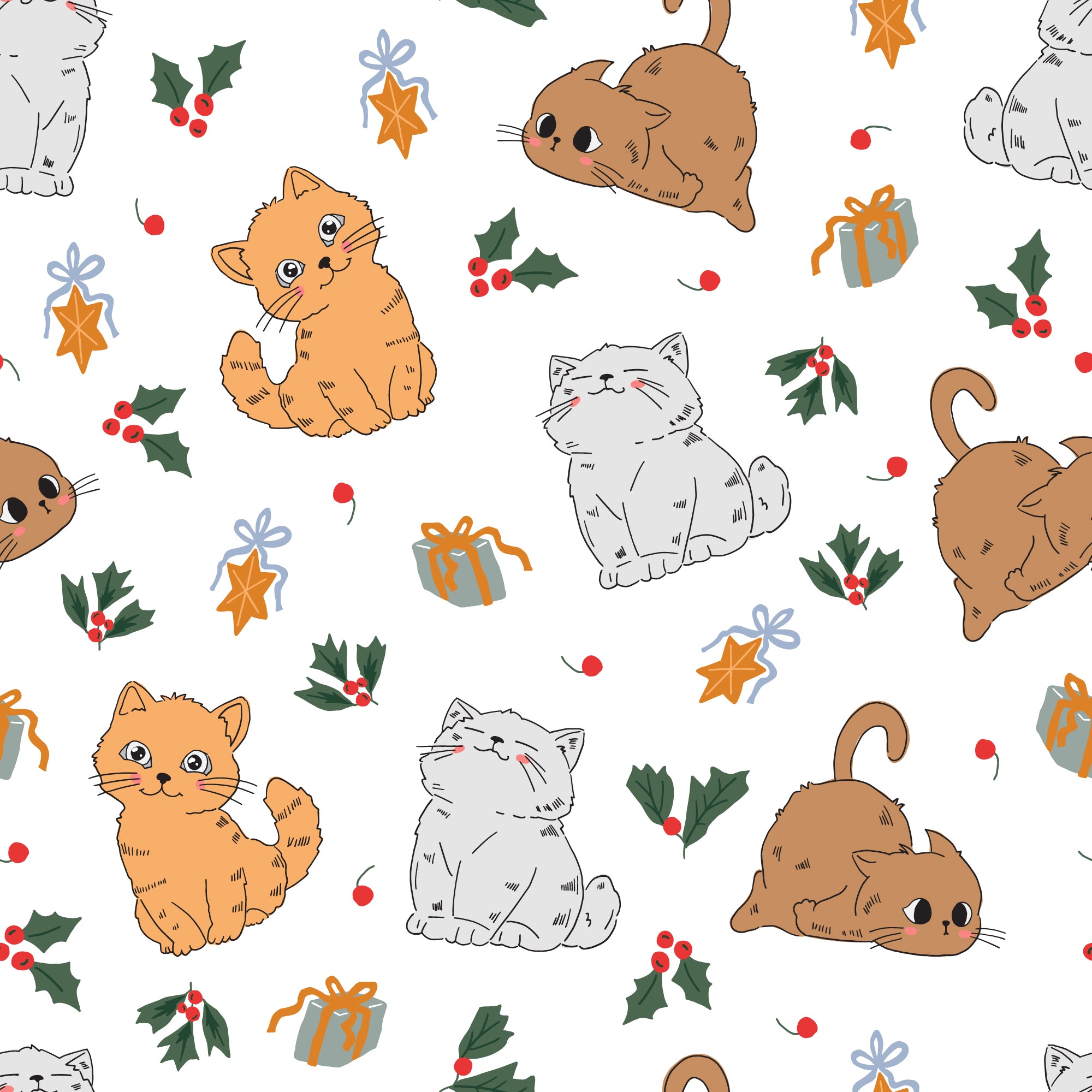 White Cute Cats Christmas Greaseproof Paper 25 Sheet Pack