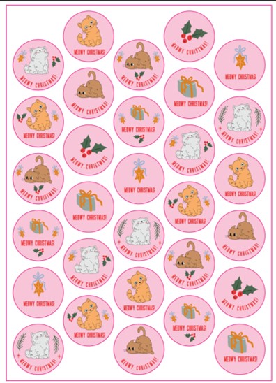 Pink Purrfect Christmas Cat Stickers 30 Pack A4 Sheet