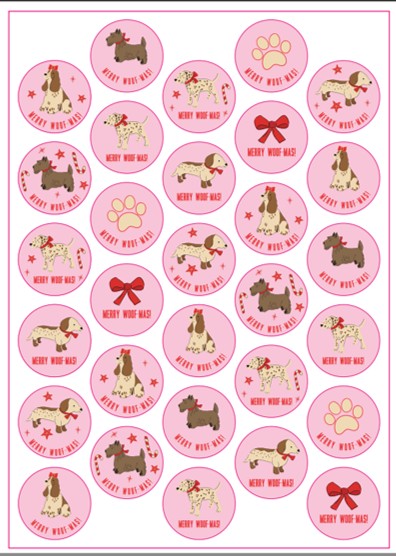 Pink Festive Furballs Dog Stickers 30 Pack A4 Sheet