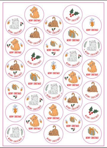 White Purrfect Christmas Cat Stickers 30 Pack A4 Sheet