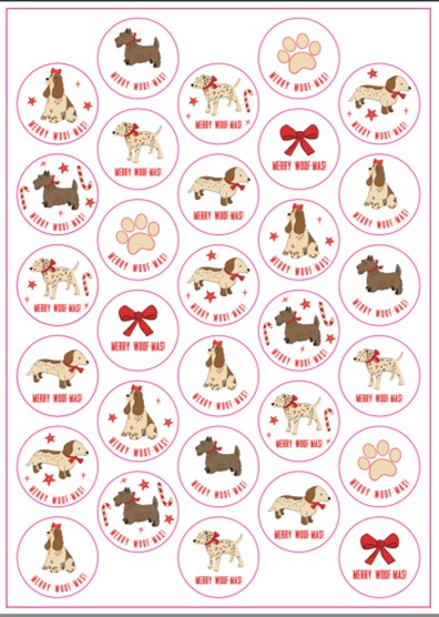 White Festive Furballs Dog Stickers 30 Pack A4 Sheet