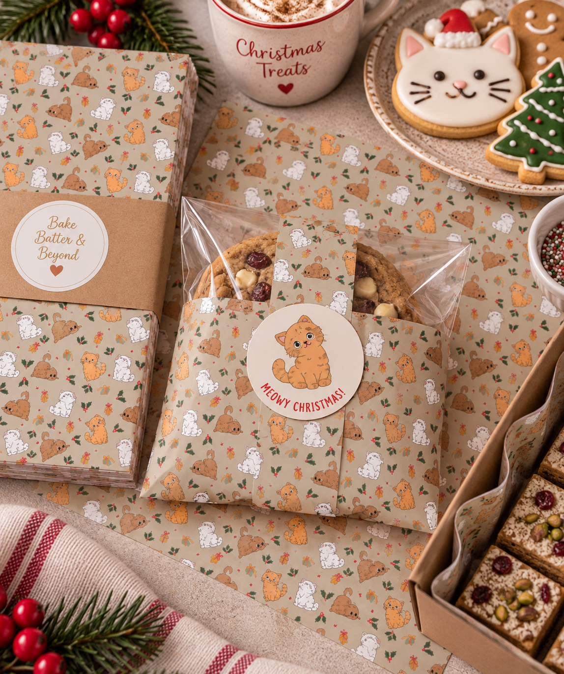 Festive Food Wrapping Paper - Latte Cute Cats Christmas