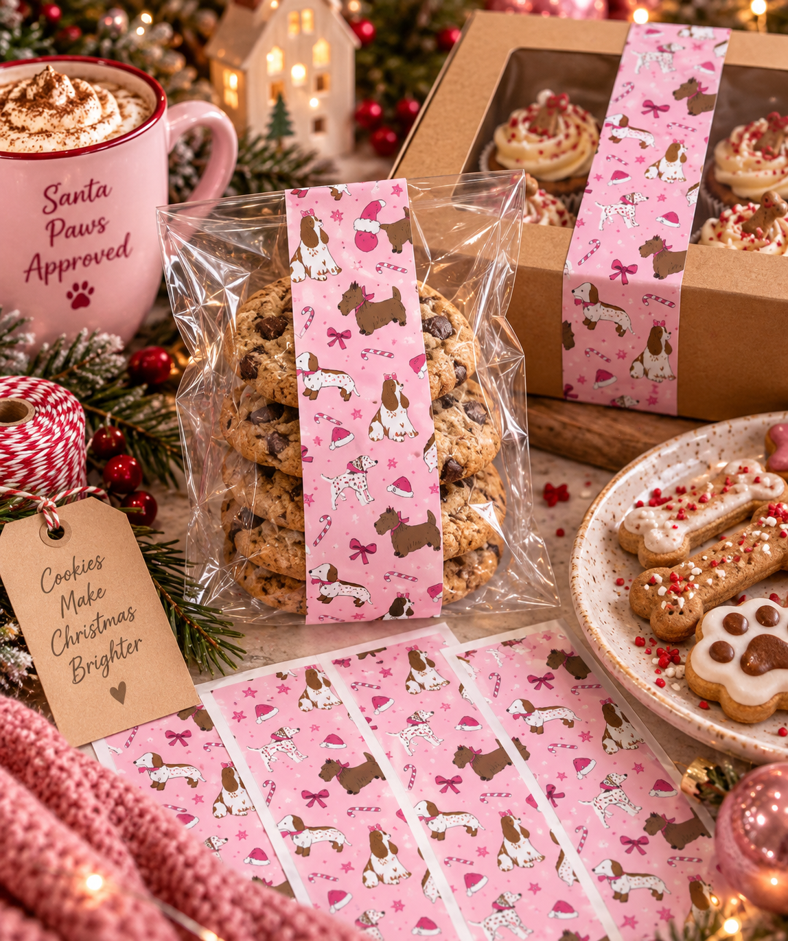 Christmas Packaging Sticker Wraps - Pink Festive Furballs