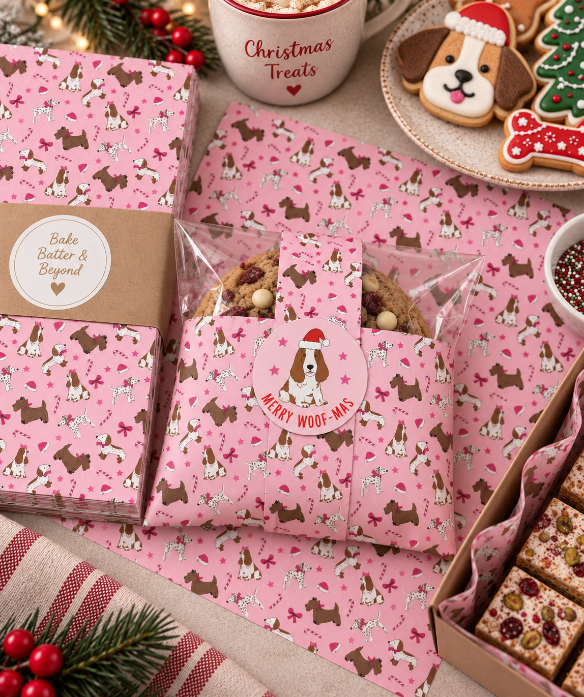 Pink Christmas Greaseproof Paper - Festive Furballs | 25 Sheets